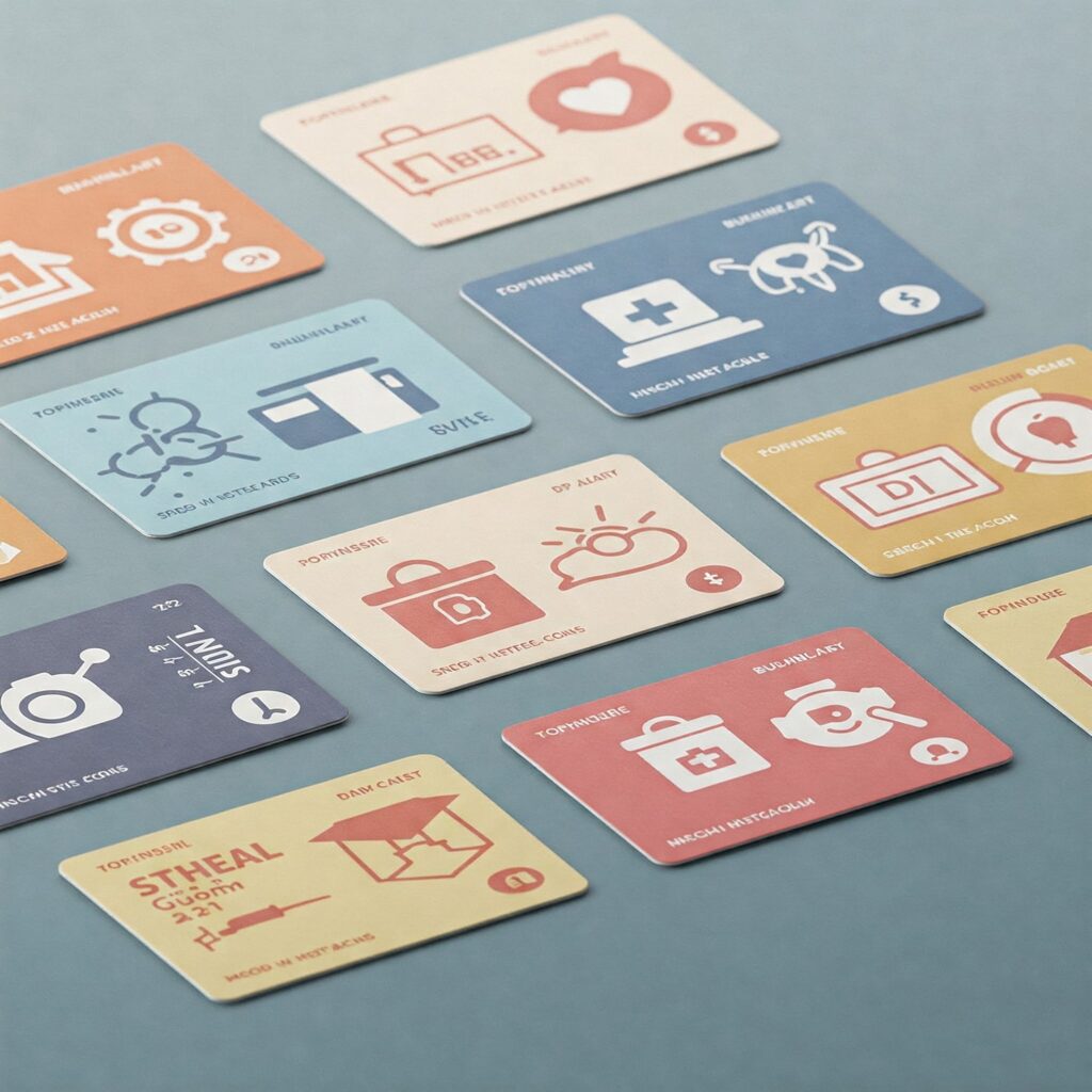 Photo showing multiple colorful concept cards, each with a unique icon representing different themes like medical, shopping, and technology.