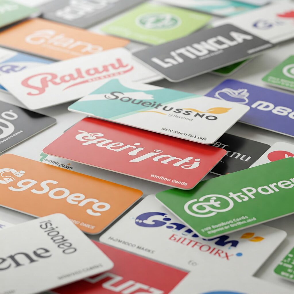 Photo showing a large collection of overlapping physical cards with various designs and text
