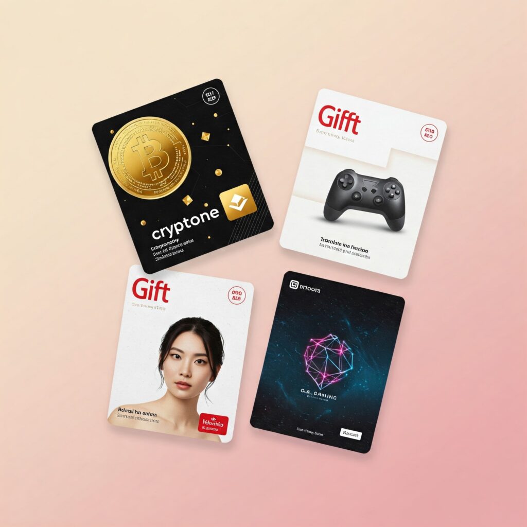 Photo showing four digital product cards: Cryptone with Bitcoin symbol, Gifft with game controller, Gift with a woman's photo, and Umoors G.A. Gaming with abstract design.