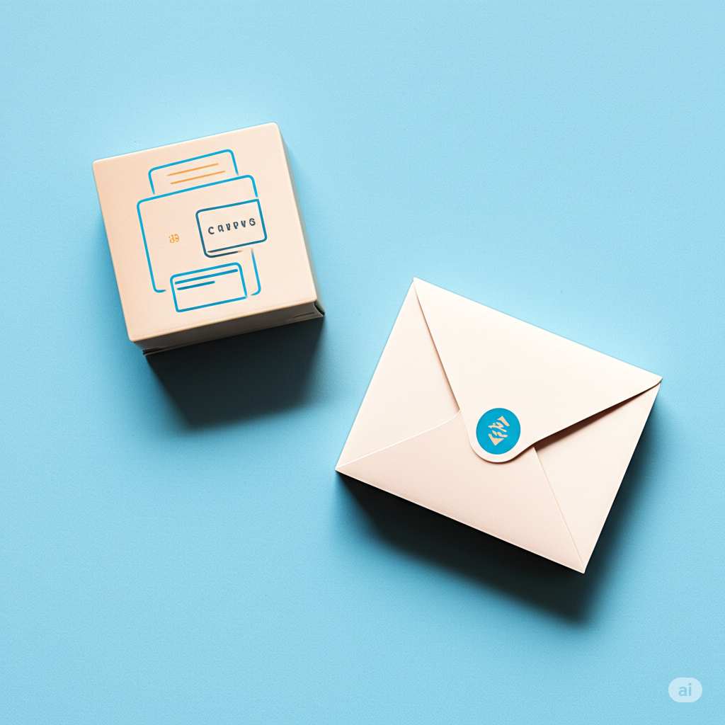 Pink envelope with blue seal next to a small box labeled CANVUS with a paper tray drawing