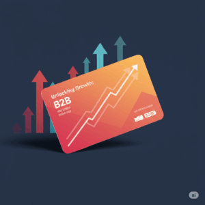 Illustration showing a card with "Unlocking Growth: B2B" and an upward trend line, symbolizing business growth.