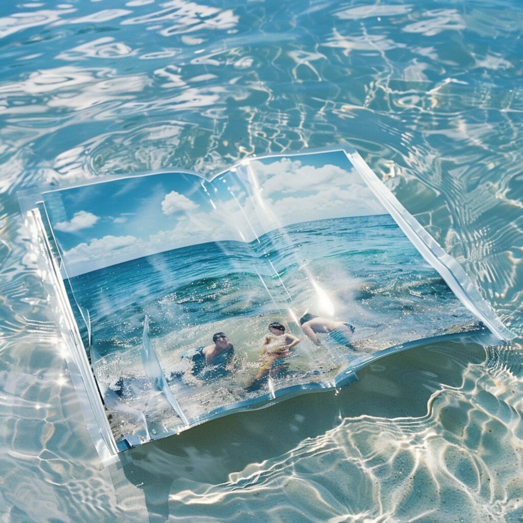 Photo of an open magazine floating in clear, sparkling water, displaying an image of people swimming in the ocean.